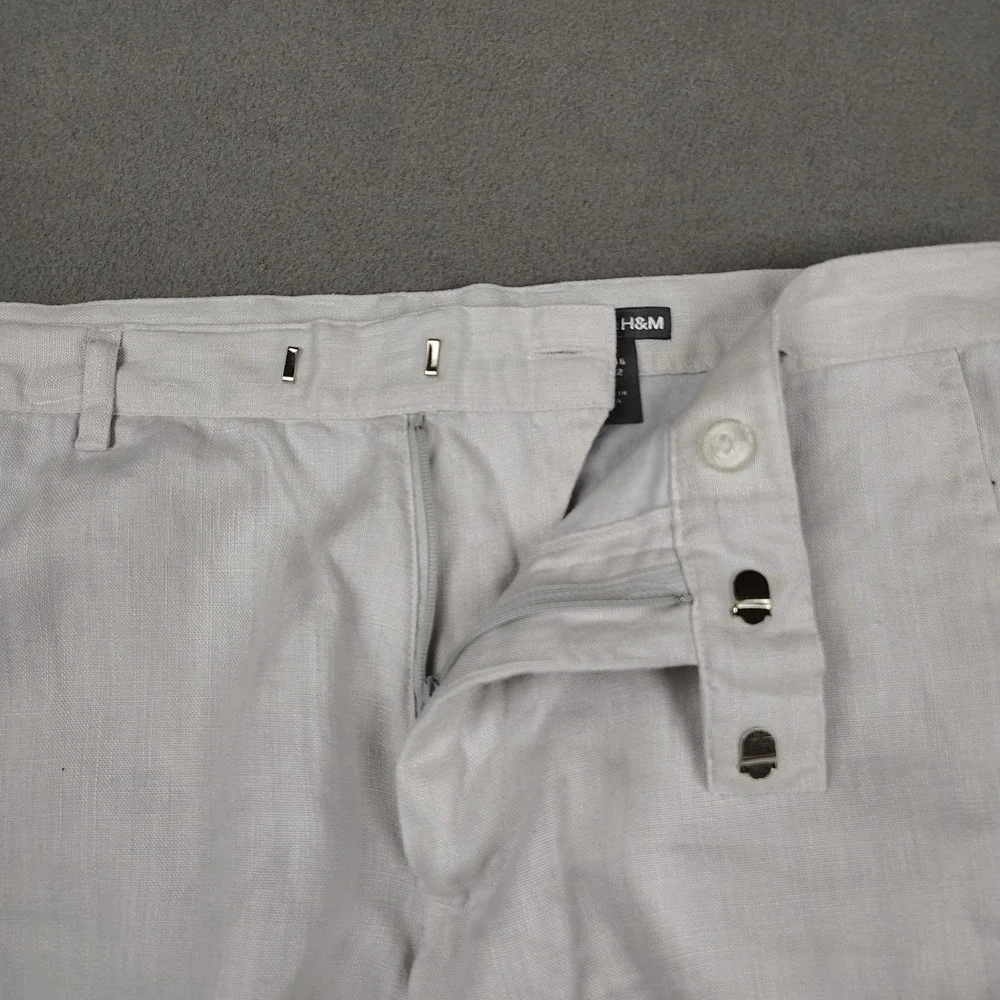 H&M 100% Linen Pants Women 8 Tall White Straight Button Casual Beach 30